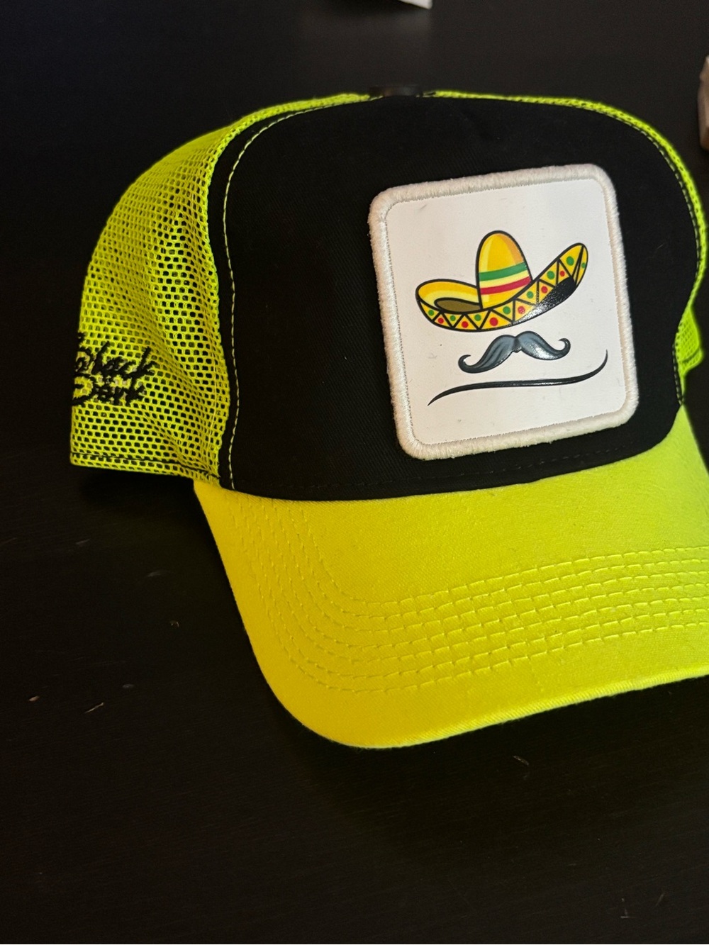 Neon Yellow and Black Trucker Hat with Sombrero Patch